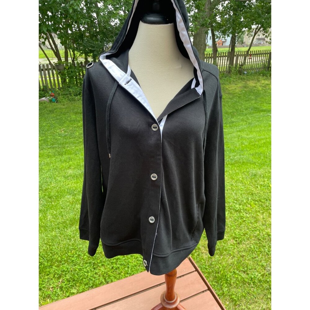 Lauren Ralph Lauren Womens Black Hoodie Jacket 2X With Button-Up Closure & White